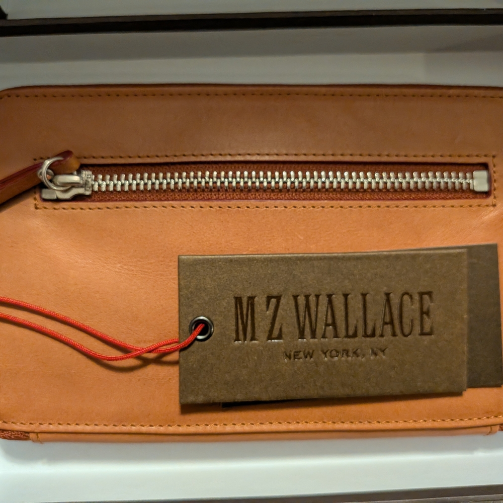 MZ WALLACE Tan Leather Wristlet with Silver Zipper